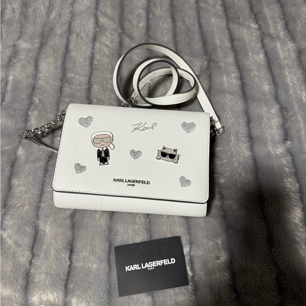 Karl Lagerfeld White Crossbody Bag with Character and Heart Accents